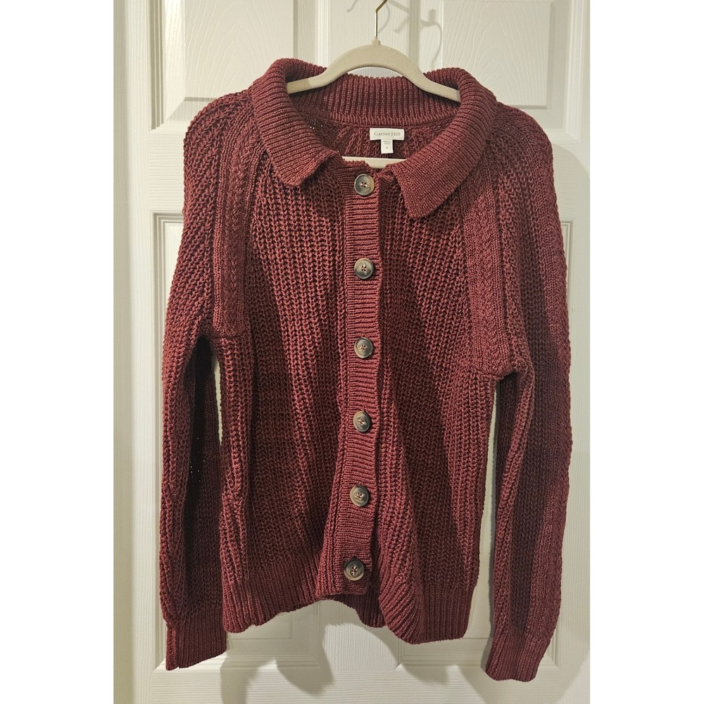 Garnet Hill Maren Linen Chunky Knit Button-Front Cardigan in Deep Burgundy - Picture 2 of 7